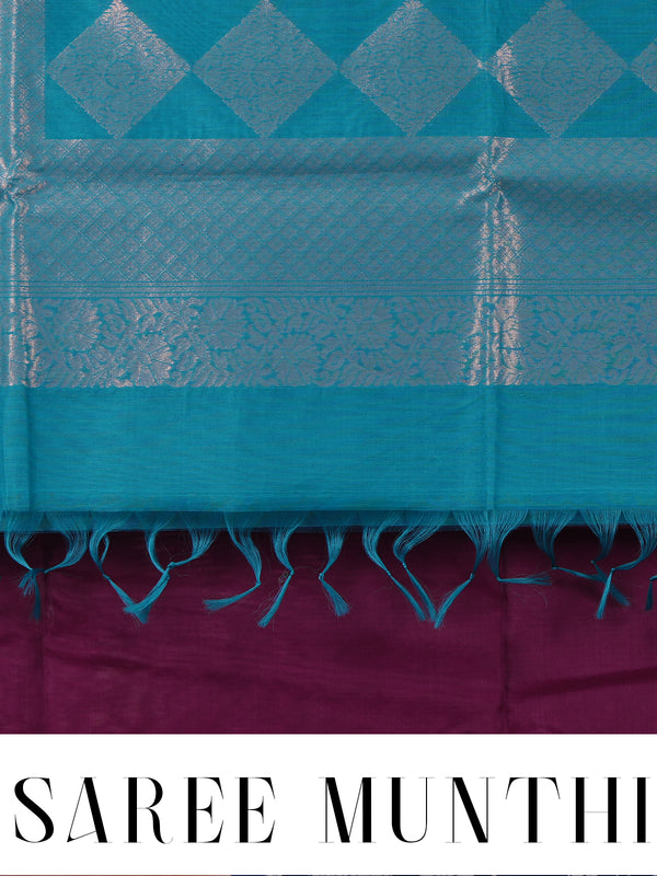 Deep Wine and Cyan Blue Zari Weave Pure Silk Cotton Saree