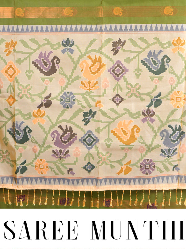 Olive Green with Off-White Cream Fancy Silk Saree
