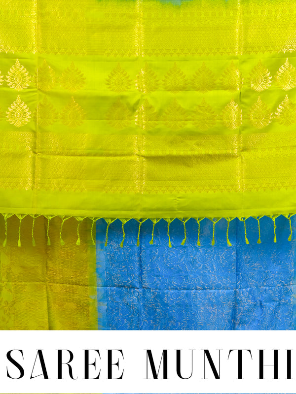 Sky Blue and Lime Green Pure Soft Silk Saree