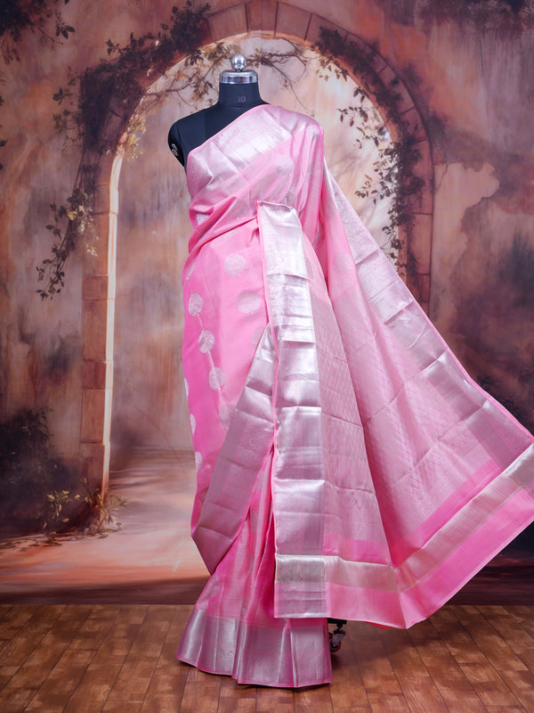 Bubblegum Pink with gray Pure Kanjivaram Silk Saree