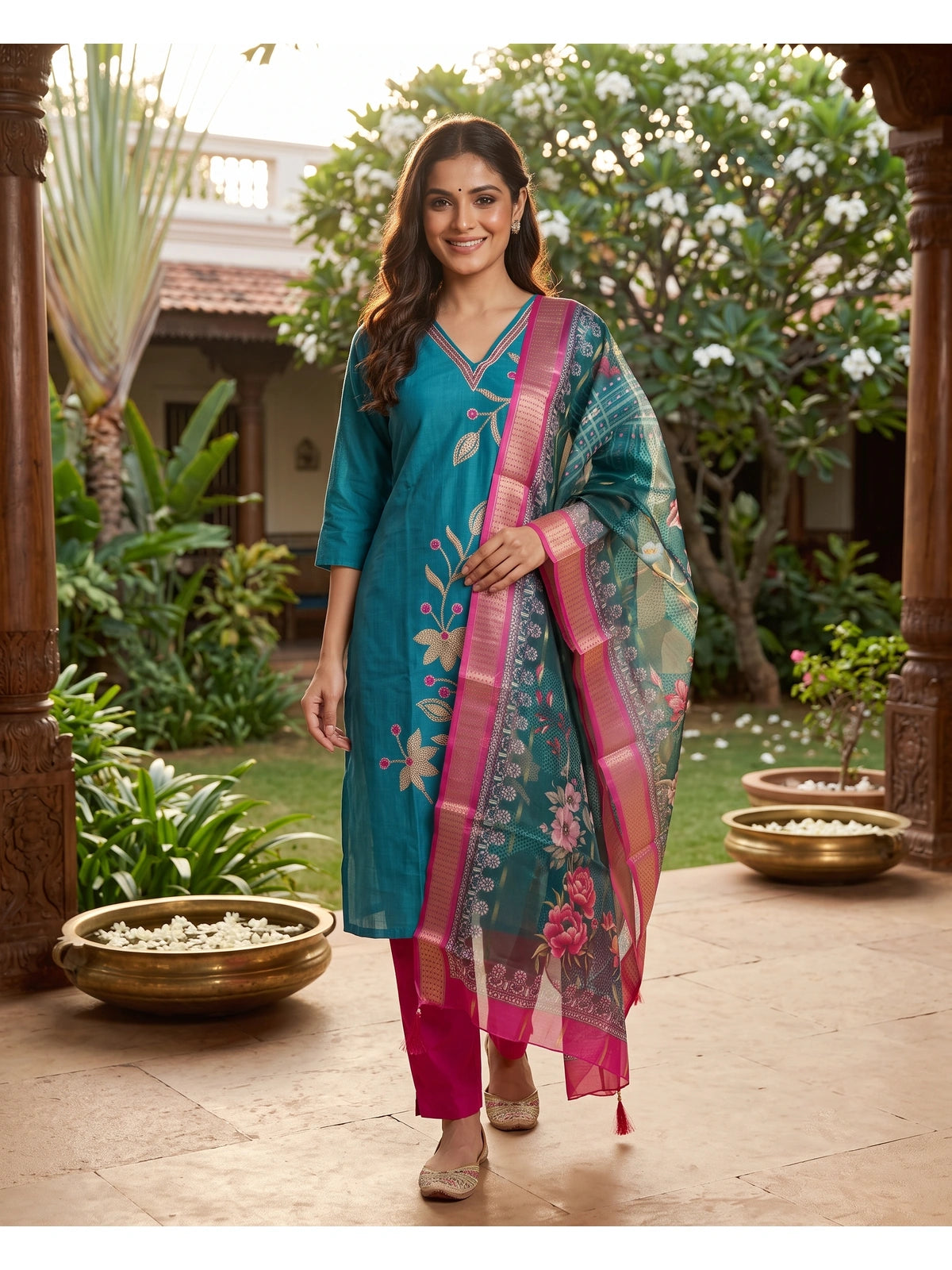 Teal blue embroidered kurti set with pink pants and floral organza dupatta
