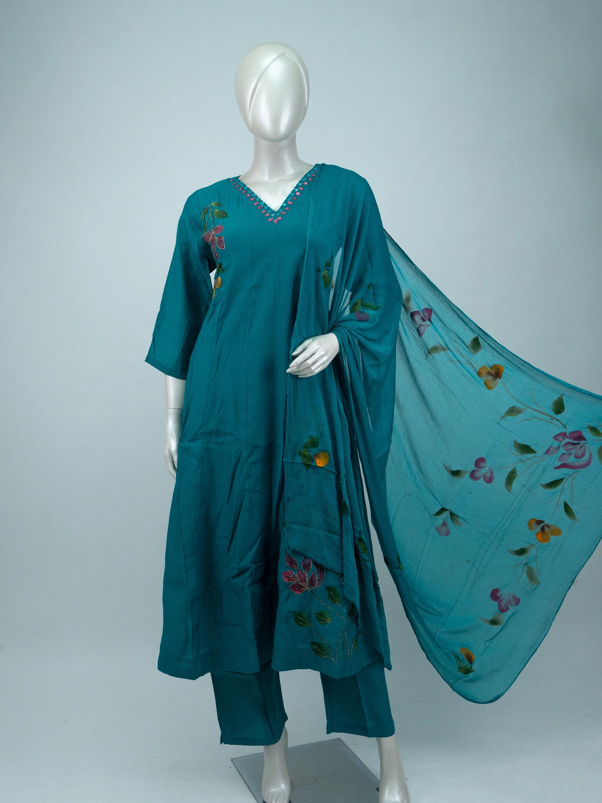 Teal hand-painted floral Anarkali kurti set with pants and sheer painted dupatta