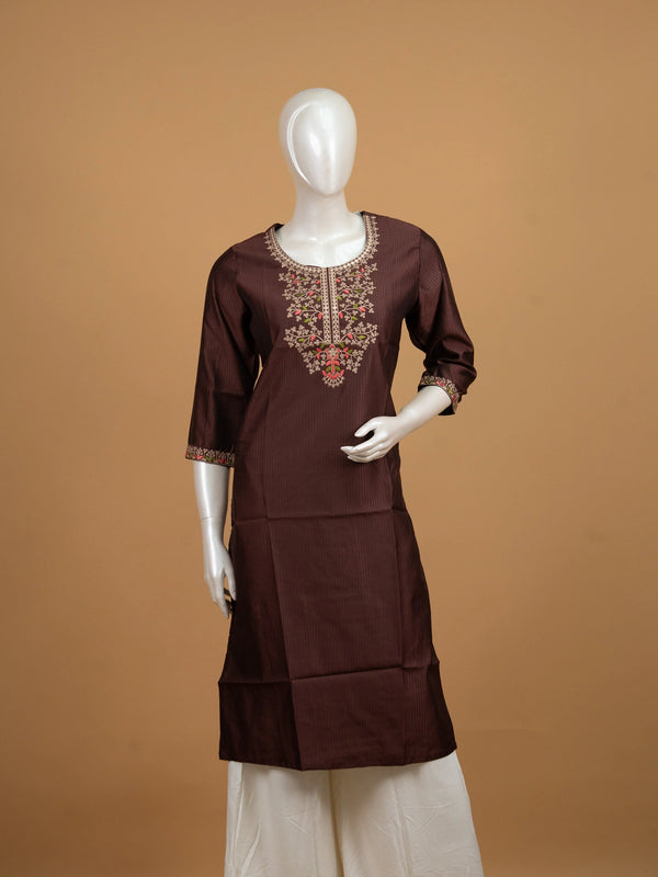 Brown embroidered cotton straight cut kurti top with floral sequin yoke and 3/4th sleeves