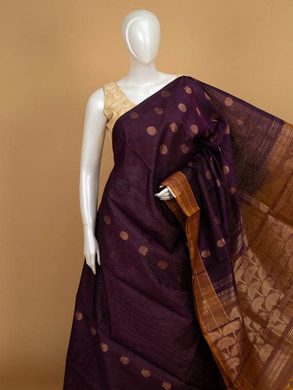 Purple pure silk cotton saree with copper zari buttas and contrast copper-gold zari border and pallu