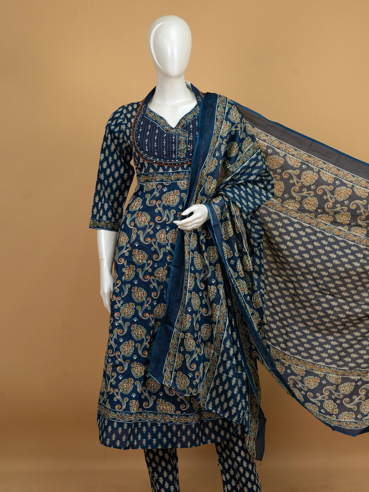 Indigo Blue Ajrakh print cotton embroidered Anarkali kurti set with matching pants and dupatta