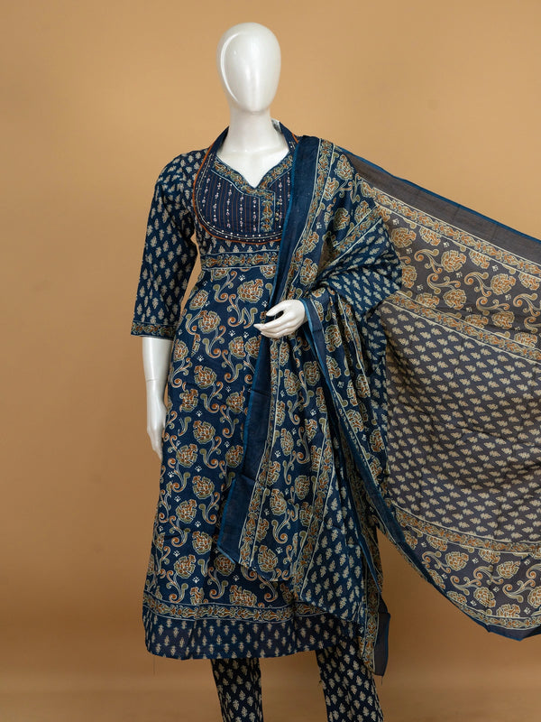 Indigo Blue Ajrakh print cotton embroidered Anarkali kurti set with matching pants and dupatta