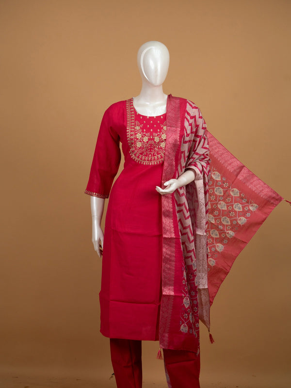 Rani Pink zari embroidered straight cut kurti set with pants and woven dupatta