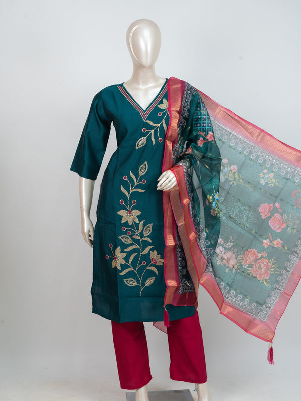 Teal Blue with Pink Dupatta Ready Made Straight Cut Kurti Set
