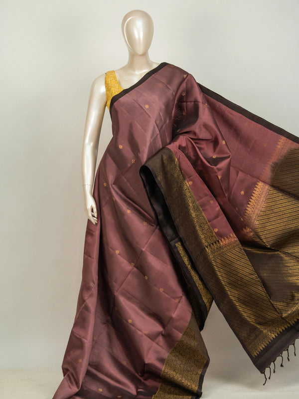 Mauve Kanchipuram Pure Mix saree with dark brown contrast gold zari border and striped pallu