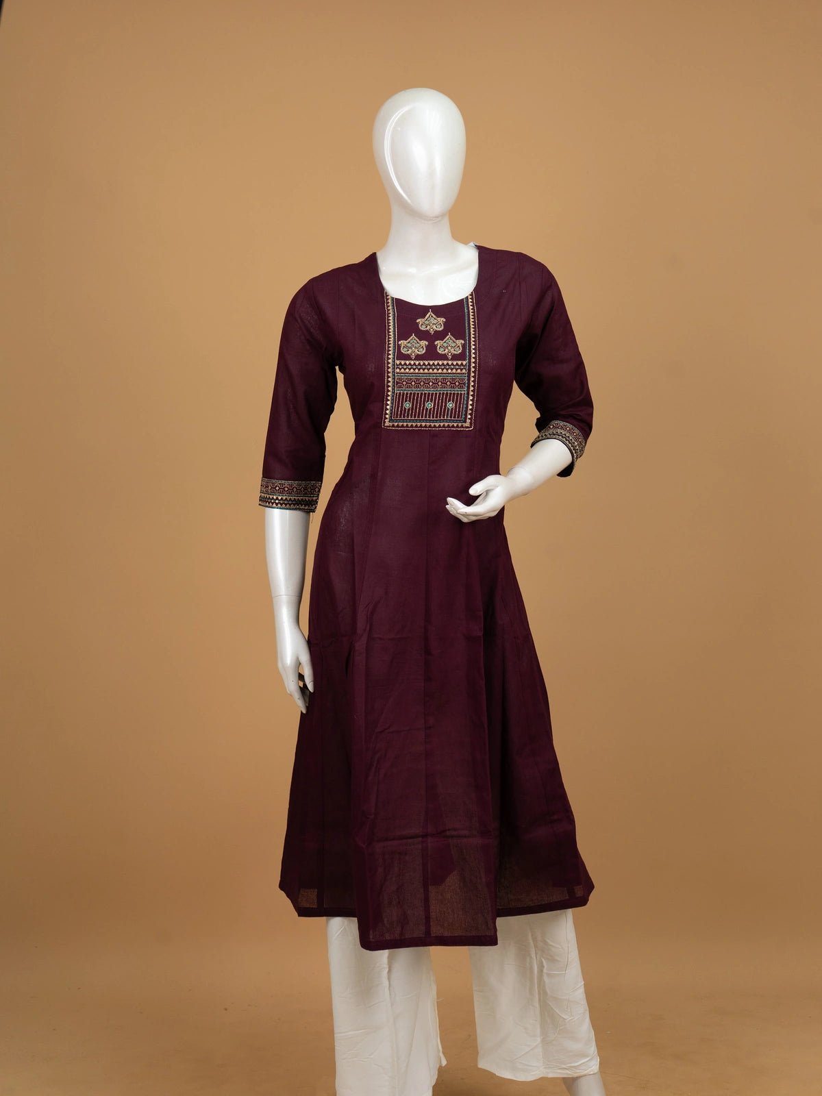 Wine cotton Anarkali kurti top with gold and teal zari embroidered yoke and 3/4 sleeves