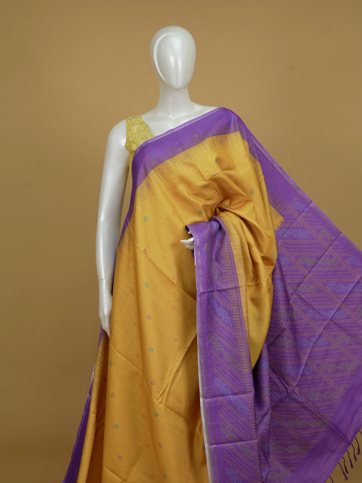 Mustard yellow Dola silk saree with purple contrast border, zari checks and woven pallu