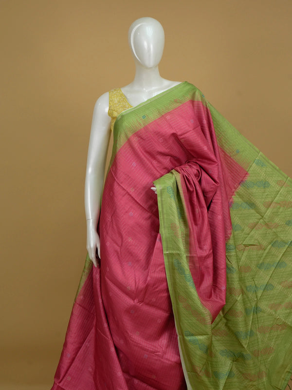 Pink Dola silk saree with contrast parrot-green border and bandhani paisley pallu