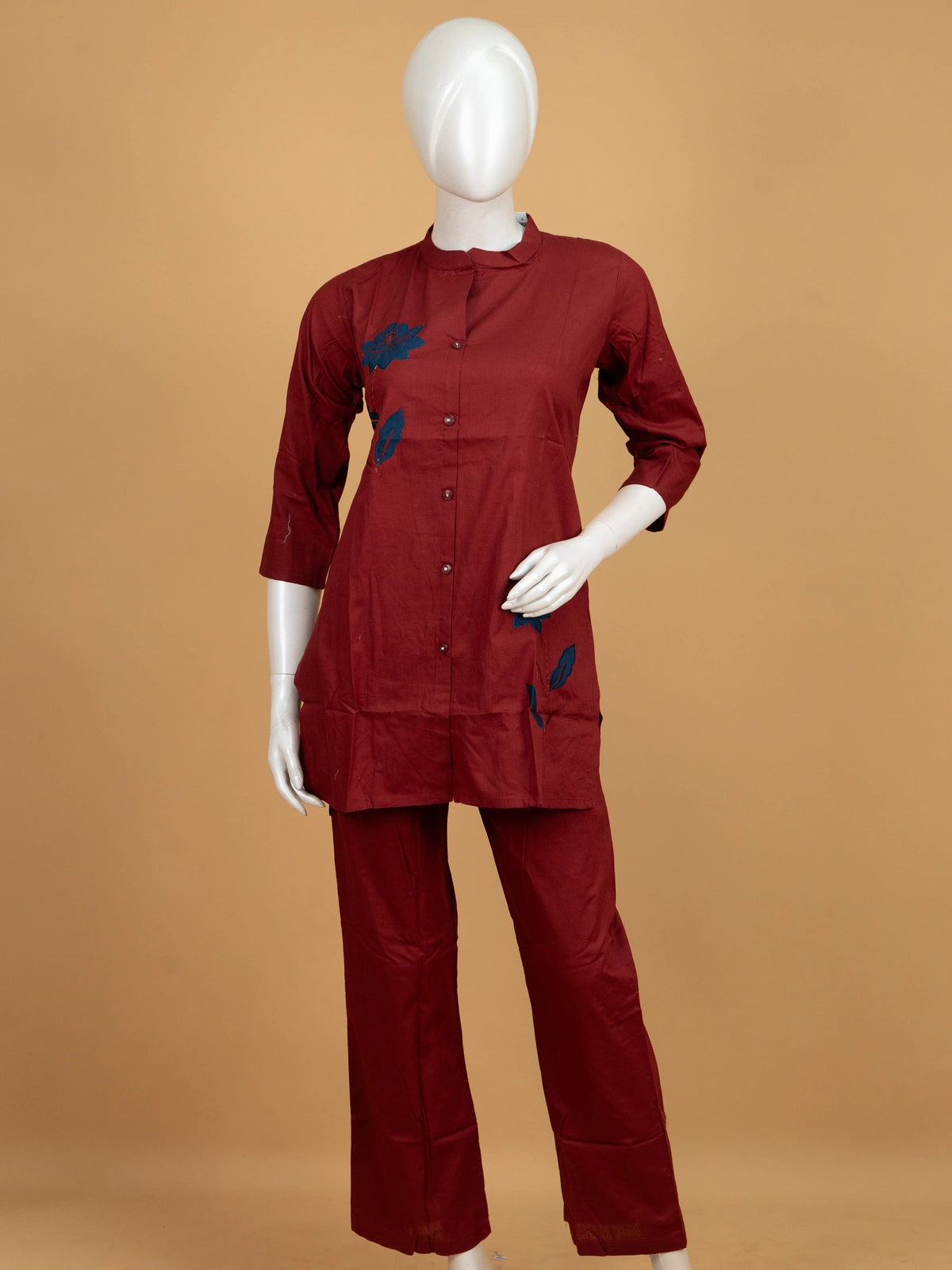 Maroon floral applique cotton co-ord kurti set with straight pants