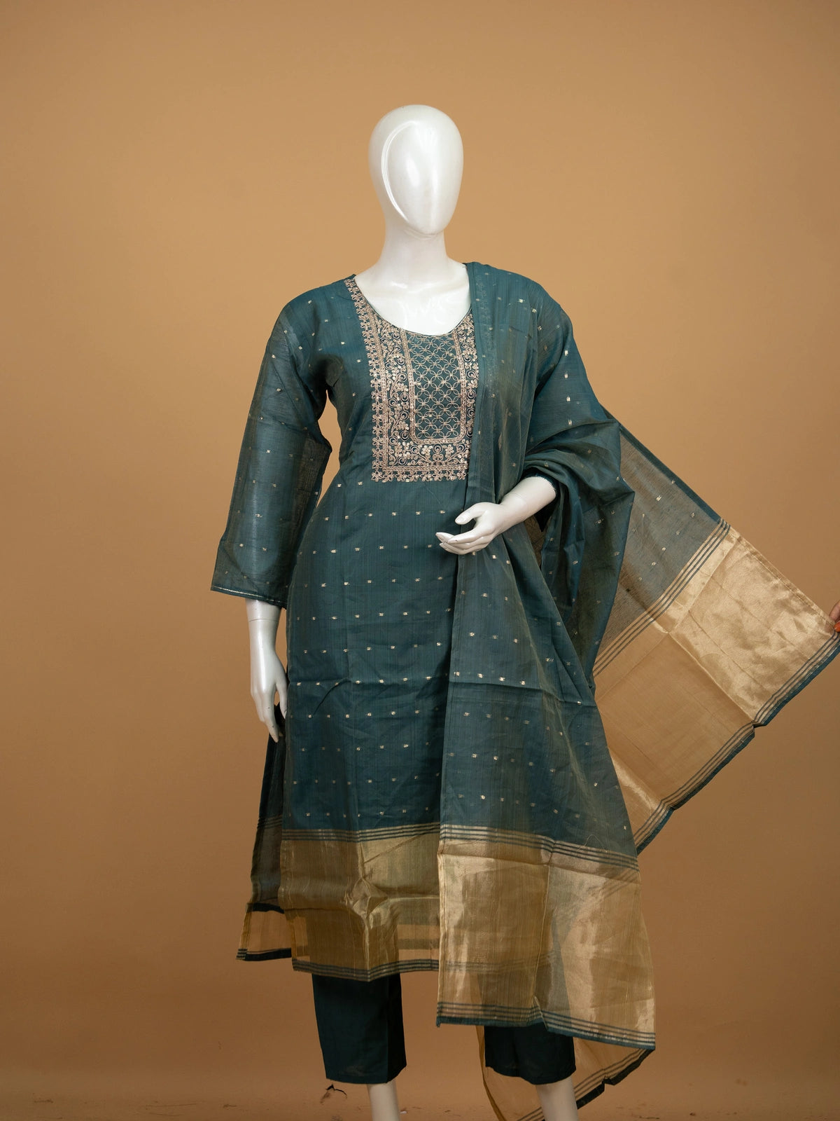 Teal Green Chanderi Silk zari embroidered straight cut kurti set with gold tissue dupatta