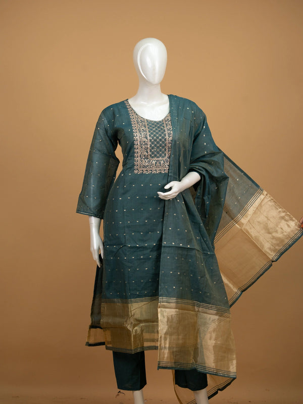 Teal Green Chanderi Silk zari embroidered straight cut kurti set with gold tissue dupatta