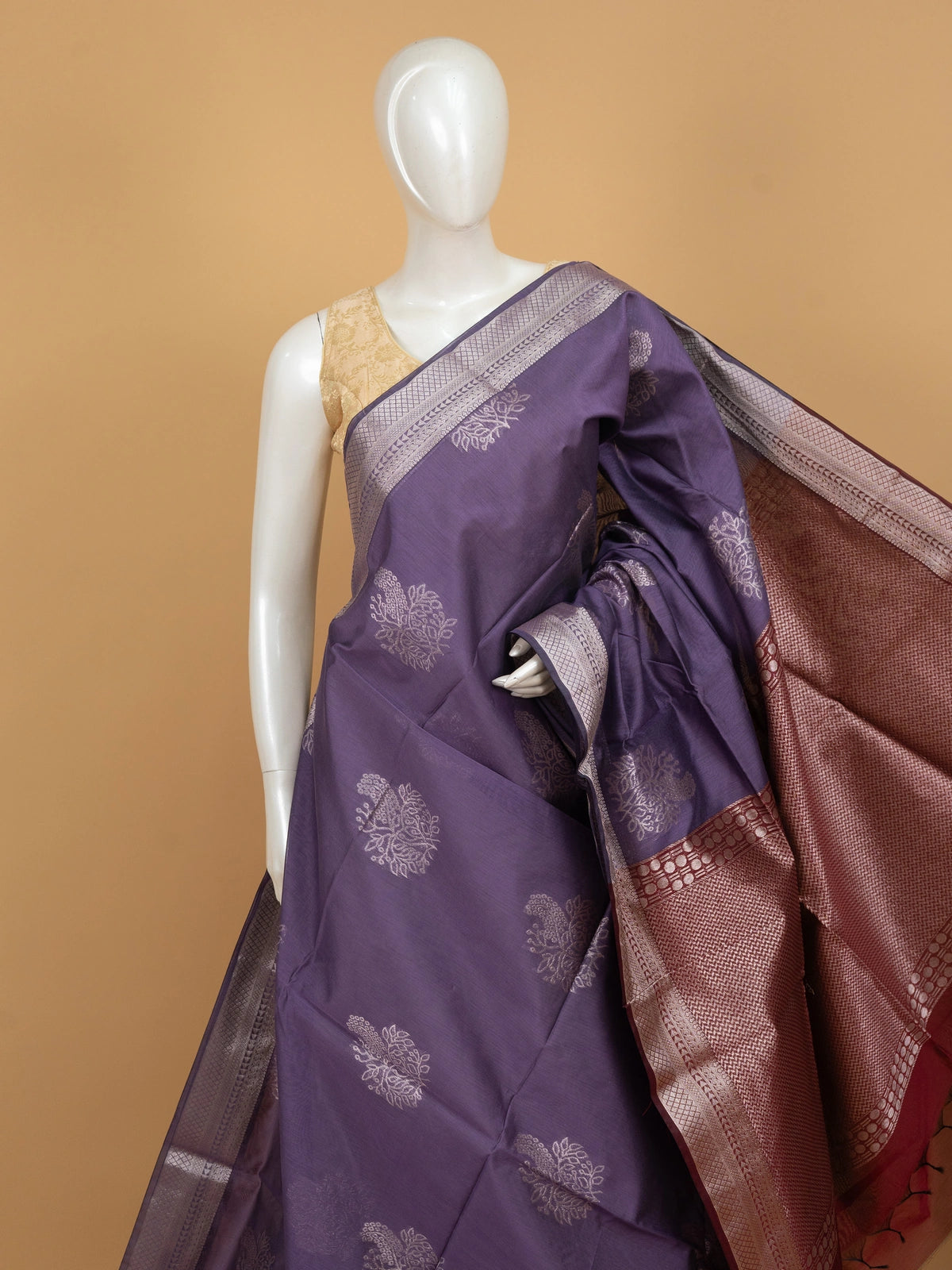 Dusty purple silk cotton saree with silver zari buttas and contrast maroon zari border and pallu