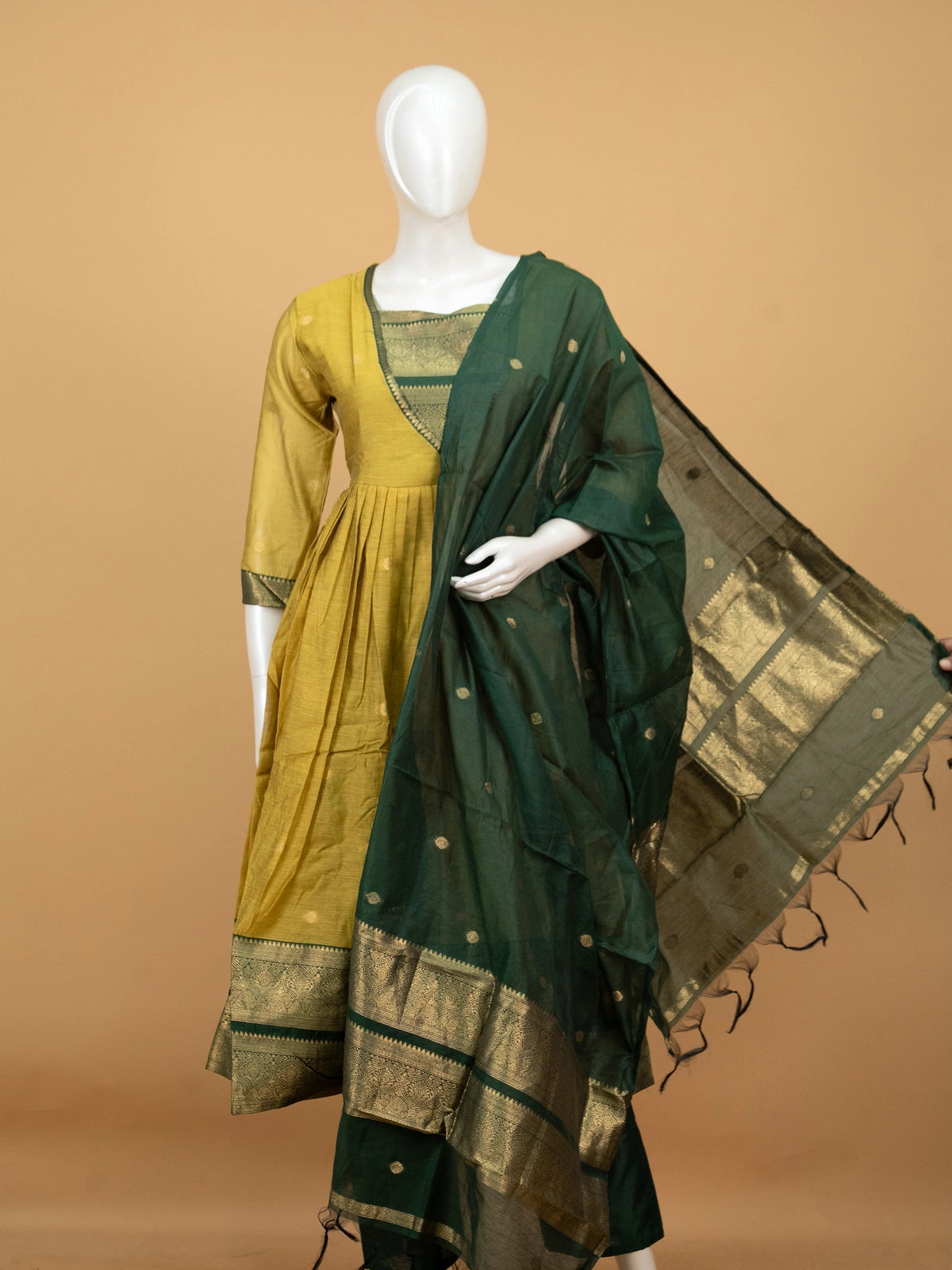Mustard and green zari woven cotton silk Anarkali kurti set with contrast V-yoke and green dupatta