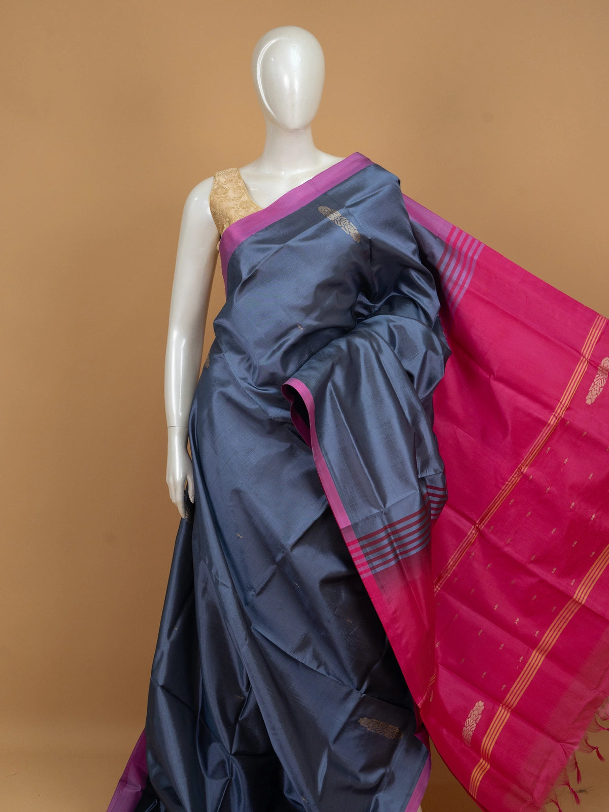 Grey-blue Banana Silk saree with contrast pink zari border and pallu