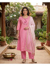 Pink Embroidered Cotton Umbrella  Kurti Set with Printed Dupatta