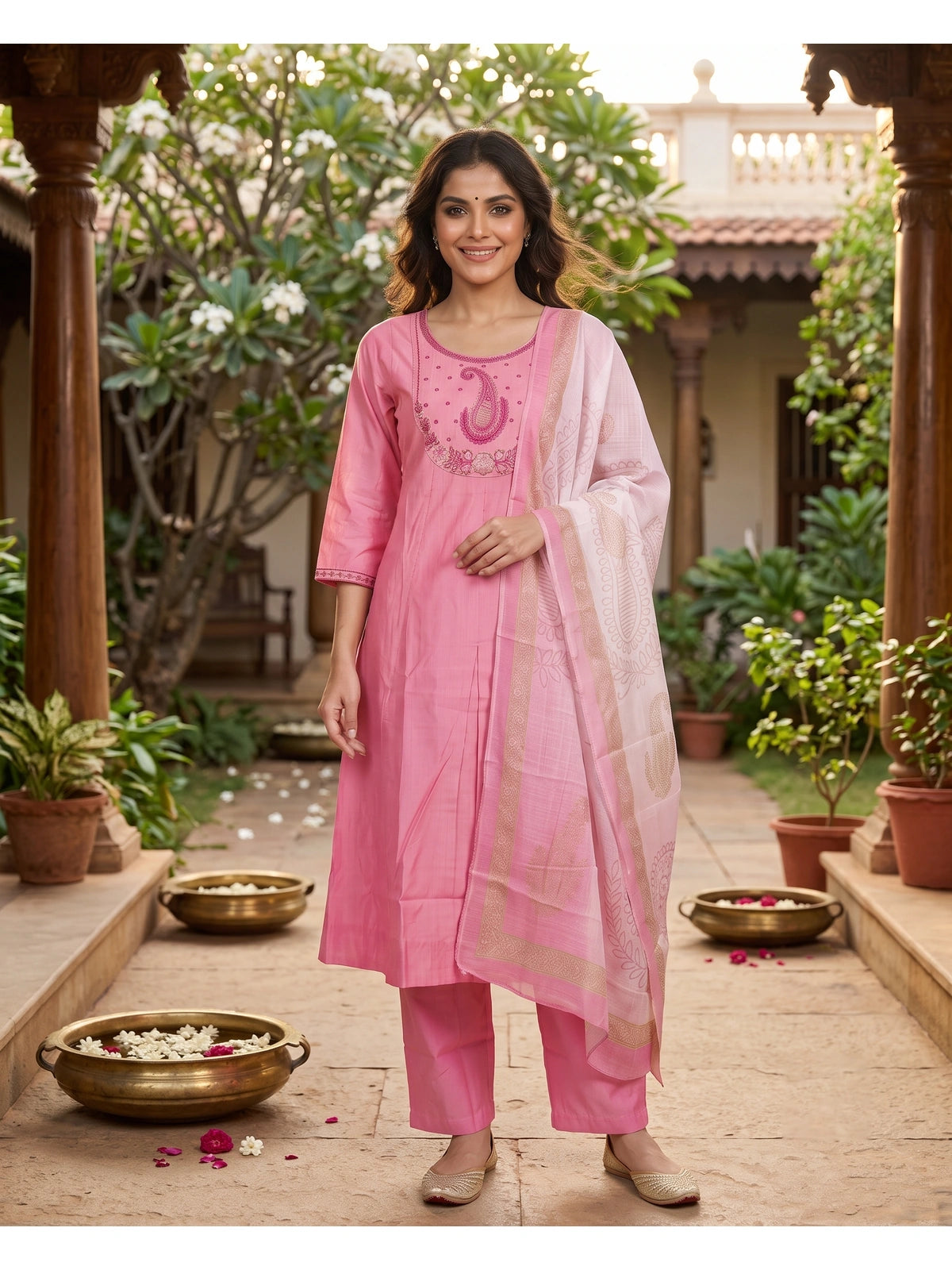 Pink Embroidered Cotton Umbrella  Kurti Set with Printed Dupatta
