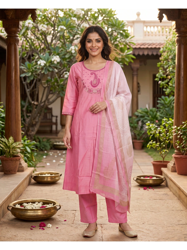 Pink embroidered cotton kurti set with paisley yoke and printed dupatta
