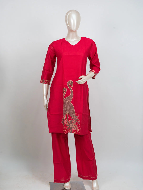 Red cotton co-ord kurti set with crane and floral placement print and matching straight pants