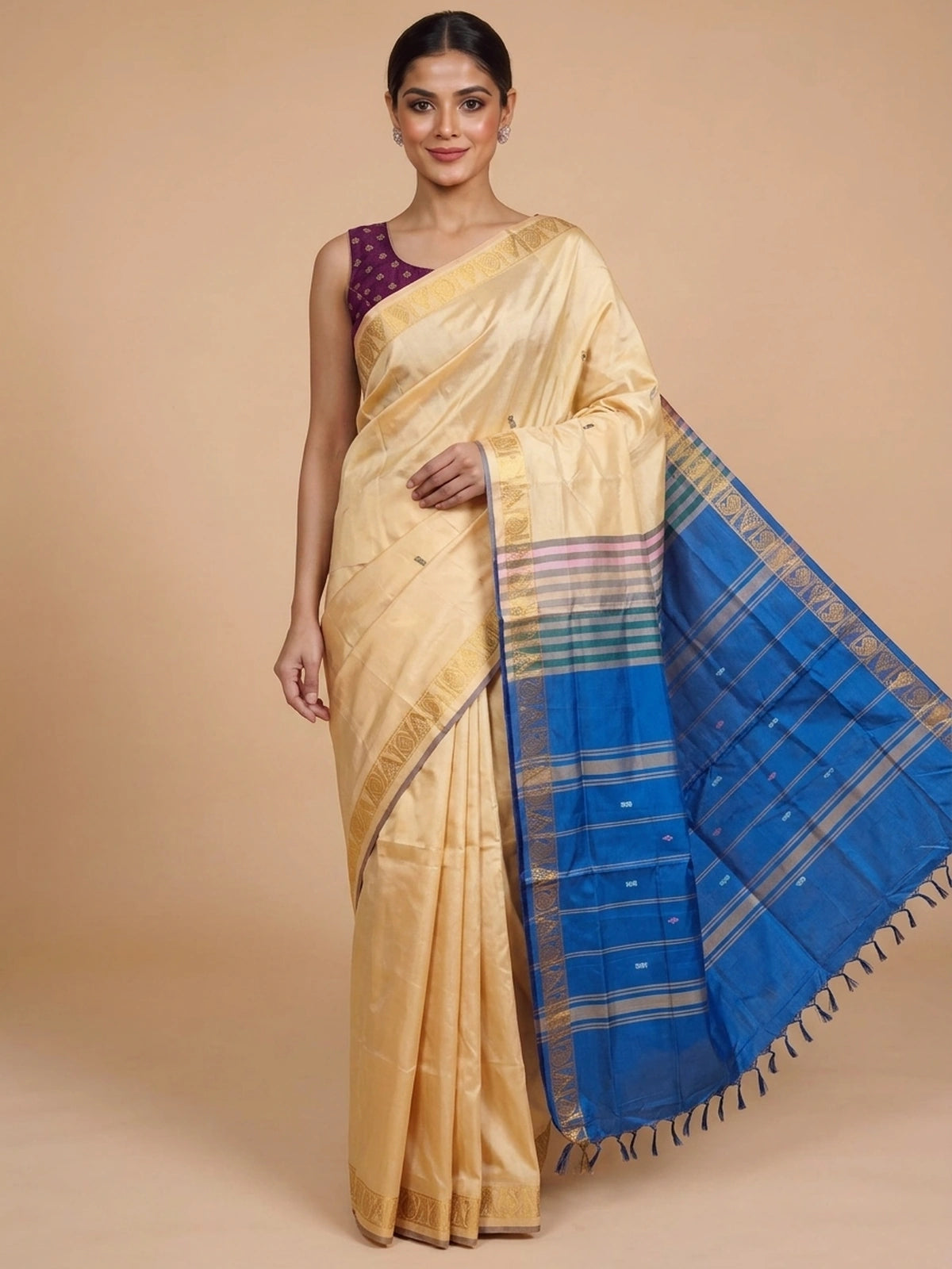 Cream and Blue Banana Silk Sarees