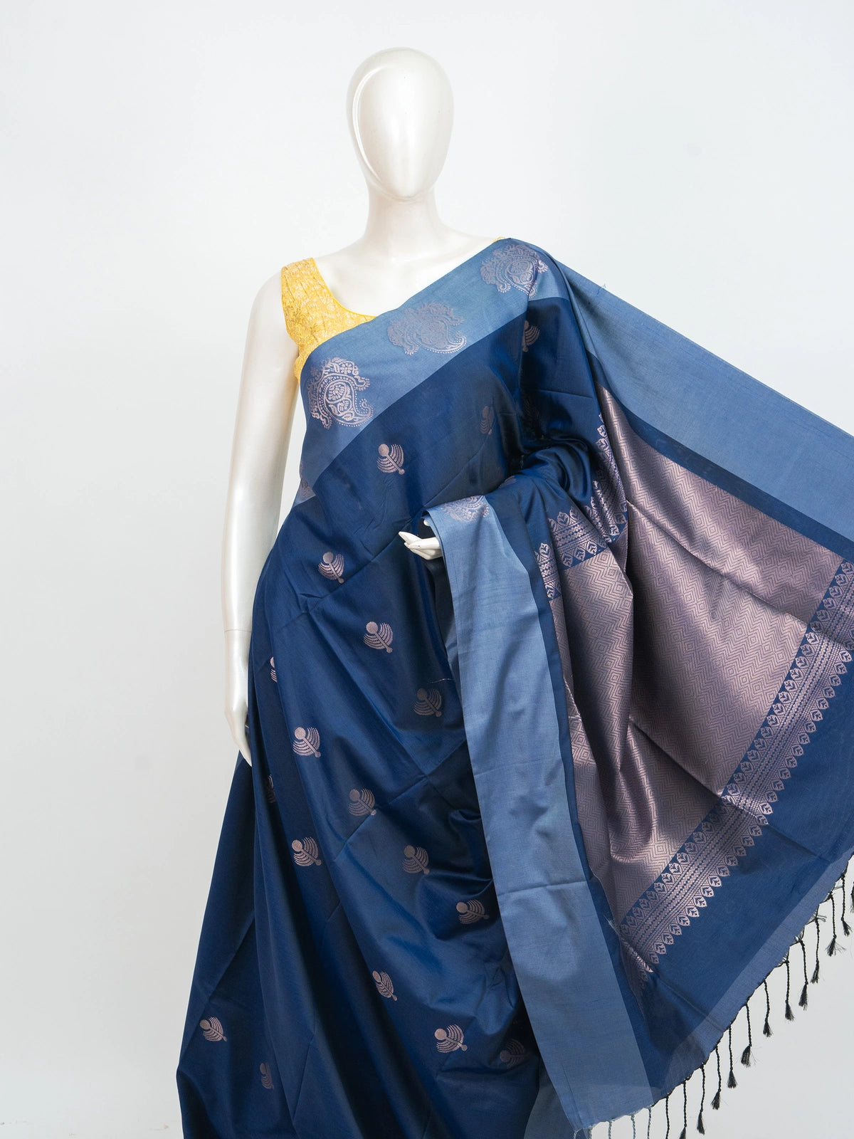 Navy blue Kanchipuram Fancy Silk saree with silver zari buttas and contrast light-blue border