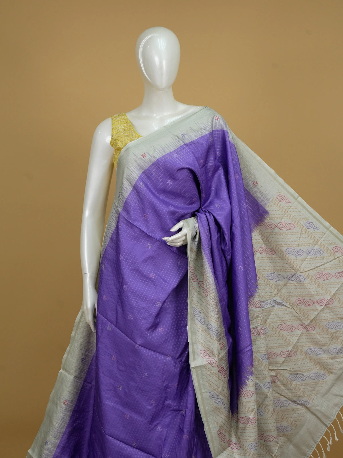 Purple Dola silk saree with contrast cream pallu, bandhani-style butta motifs and zari check border