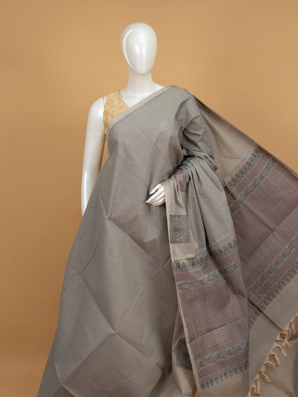 Grey silk cotton saree with fine checks and contrast mauve woven paisley border and pallu