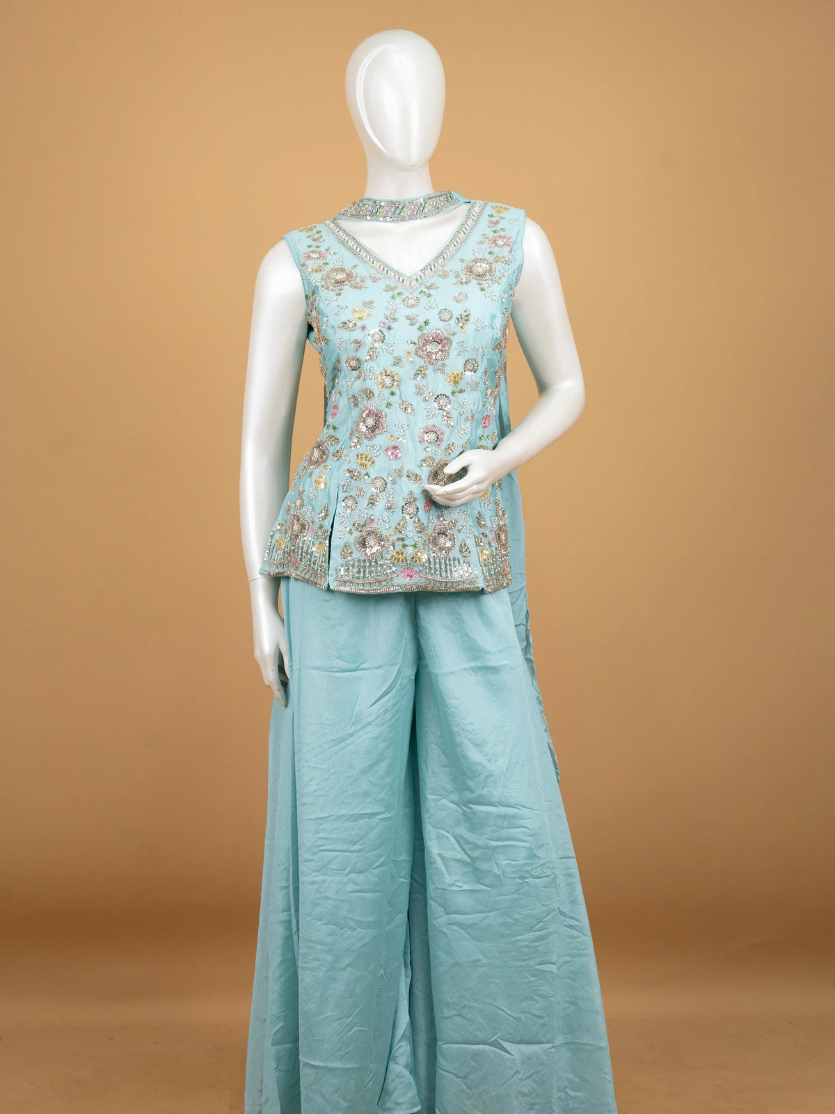 Aqua Blue floral embroidered art silk sleeveless straight cut kurti set with palazzo pants