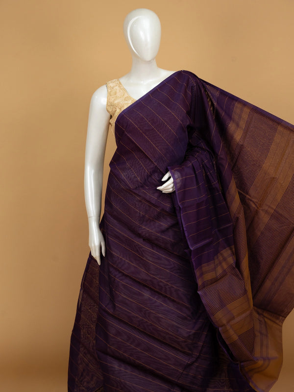 Purple silk cotton saree with gold stripes and mustard striped pallu