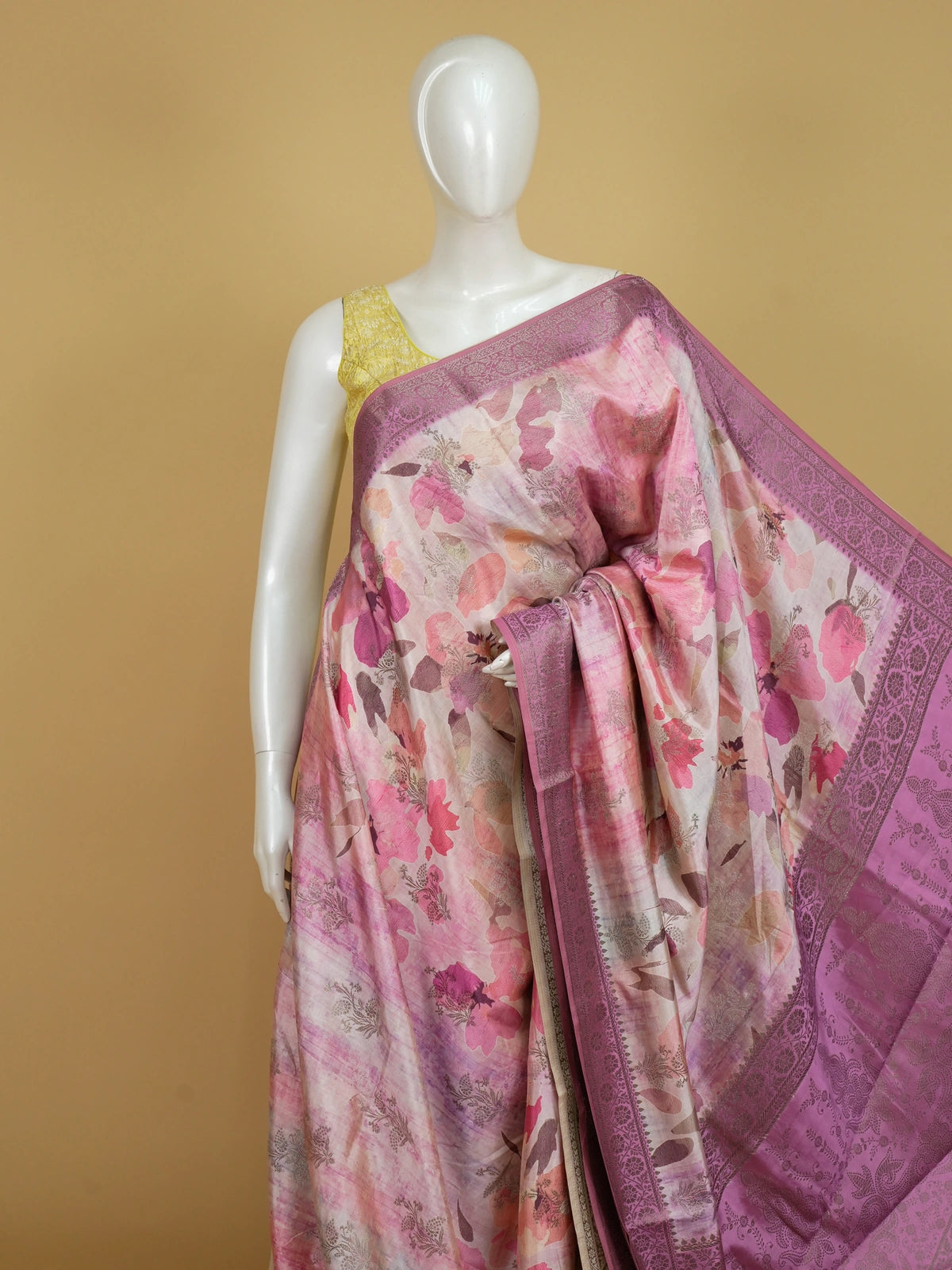 Pink and mauve floral semi tussar saree with contrast mauve zari border and woven pallu