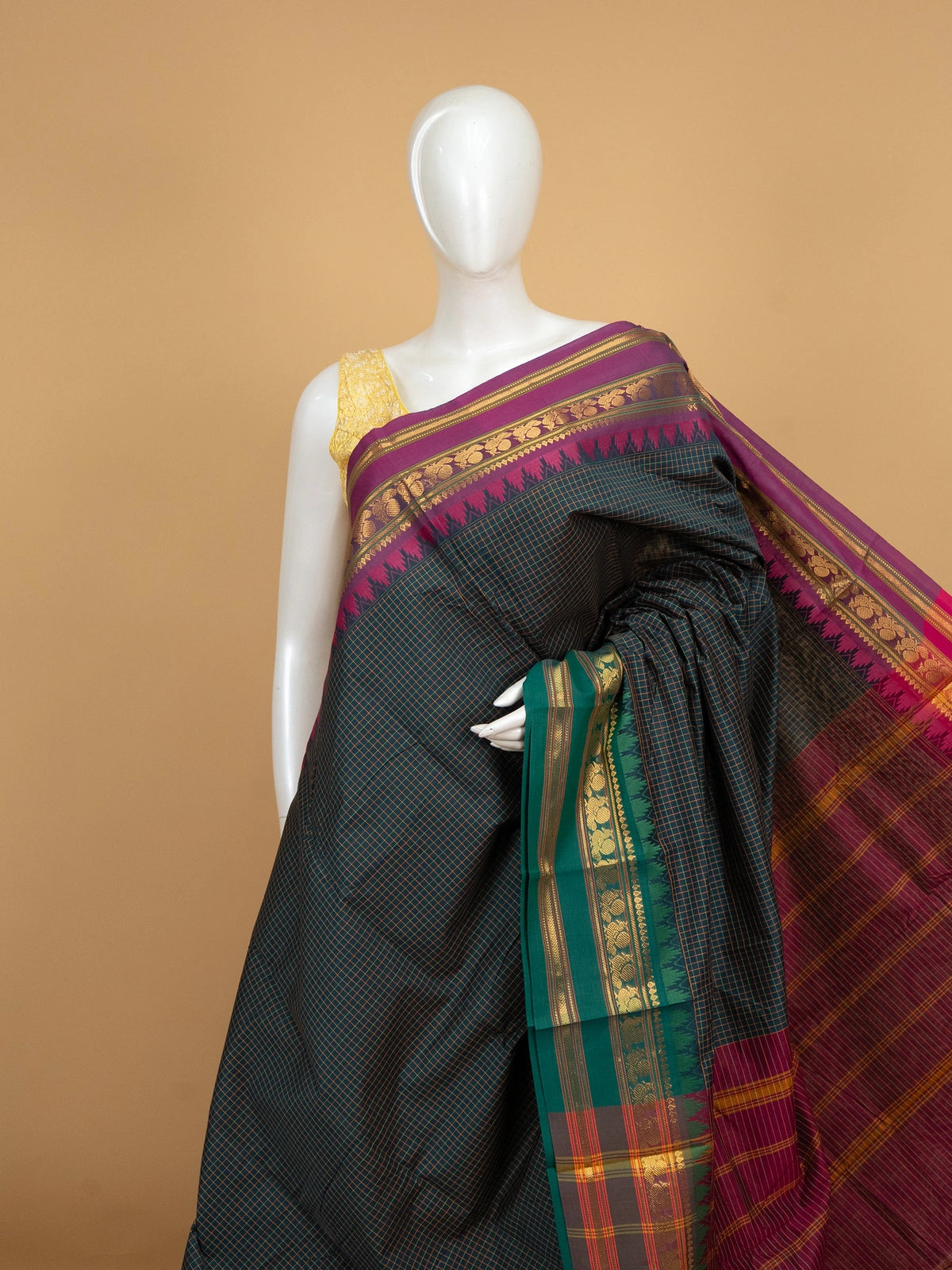 Teal green and magenta Chettinad cotton saree with checked body and contrast gold zari border