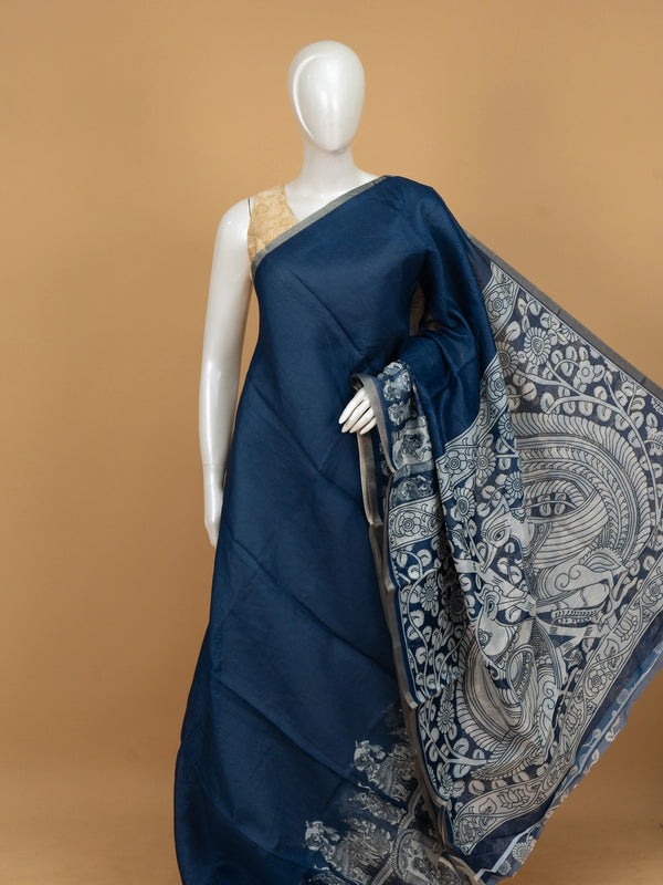 Navy blue linen cotton saree with grey border and white Kalamkari peacock and floral pallu