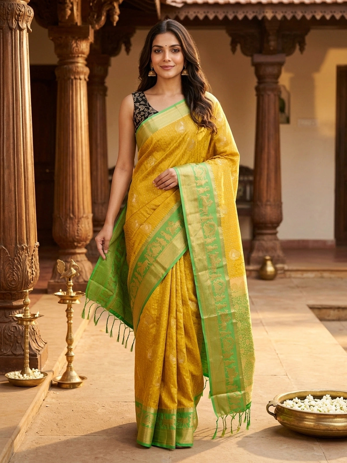 Mustard yellow Vaira Oosi Design semi silk saree with contrast green and gold zari border and floral pallu