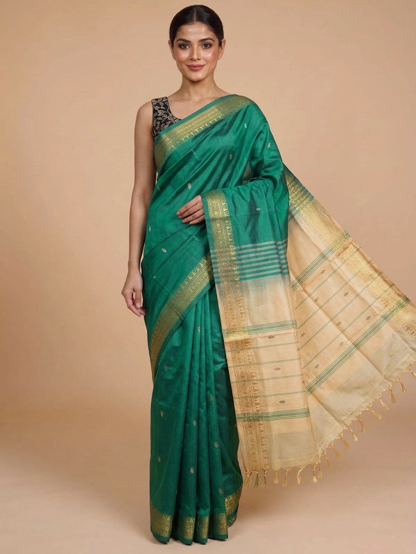 Green BanCream Banana Silk saree with gold zari border and buta mot