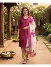 Magenta with Cream Floral Dupatta Ready Made Straight Cut Salwar Set
