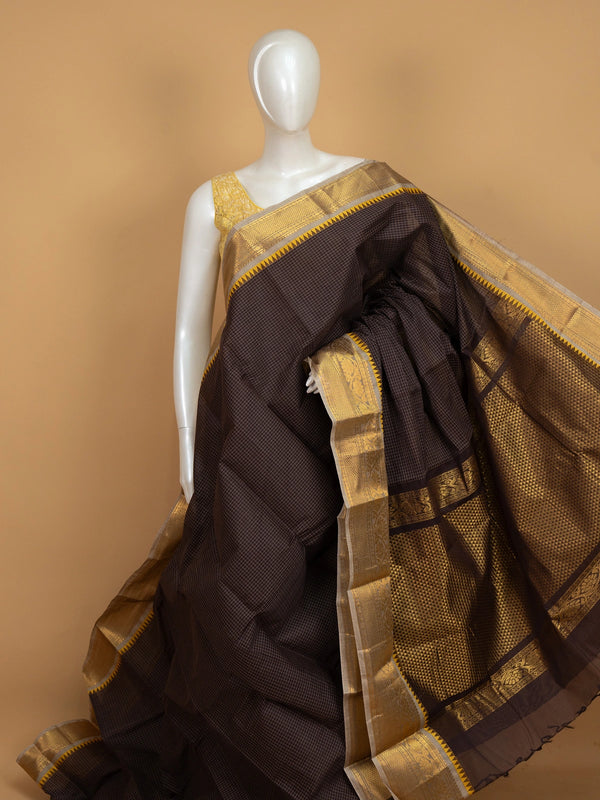 Dark brown Chettinad cotton saree with fine checks and contrast gold zari temple border