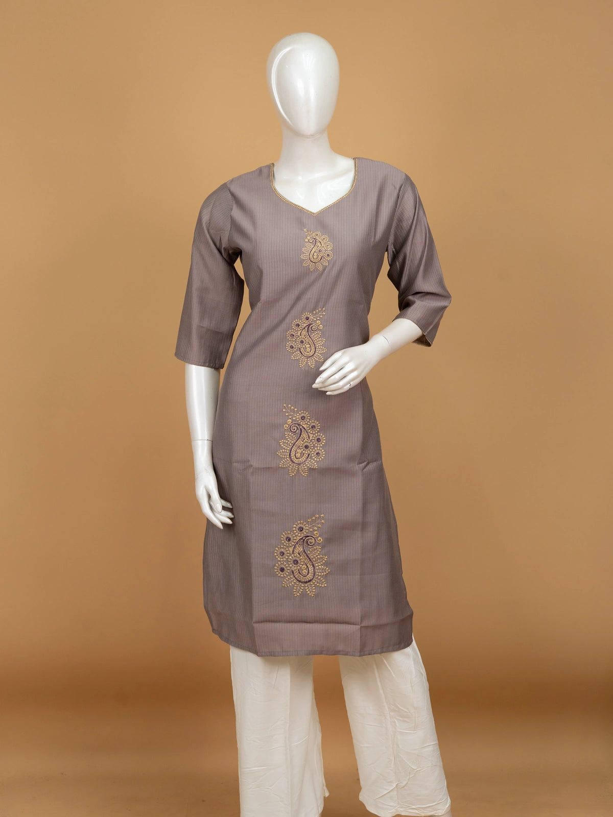 Mauve Grey paisley embroidered cotton straight cut kurti top with gold lace neckline