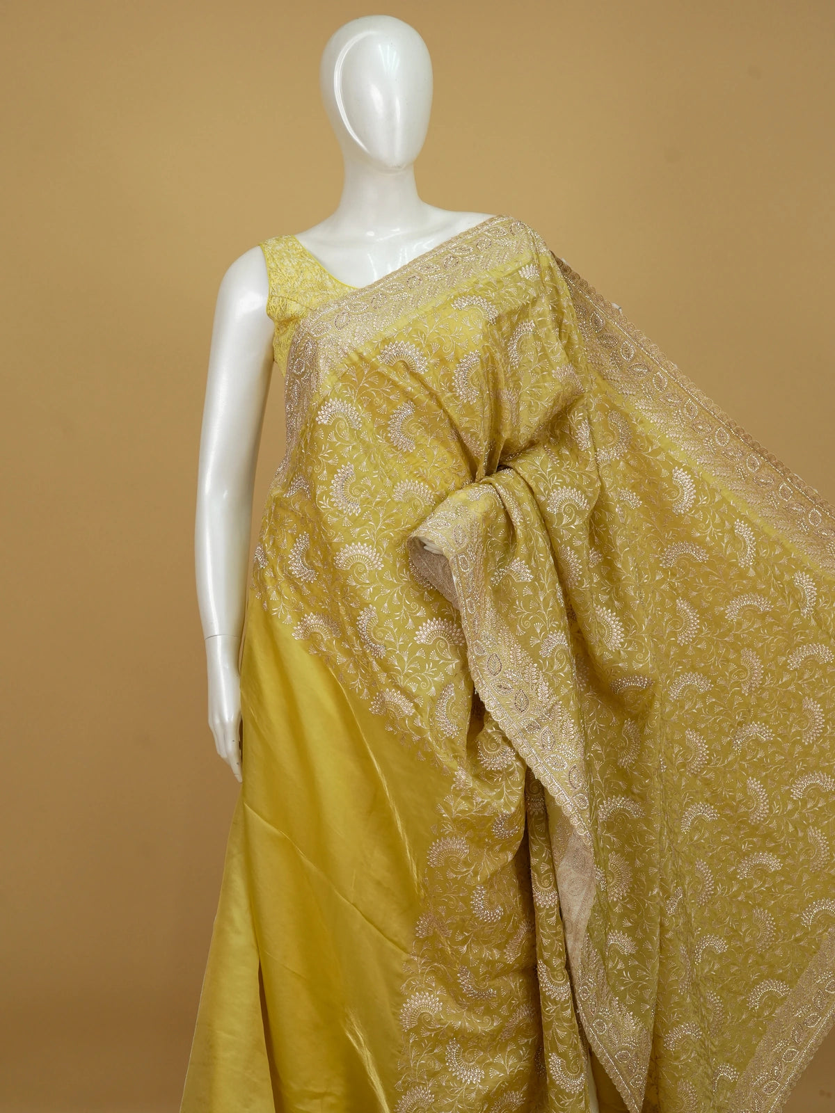 Bright yellow designer art silk saree with all-over silver-gold embroidery, sequin work, and embroidered border