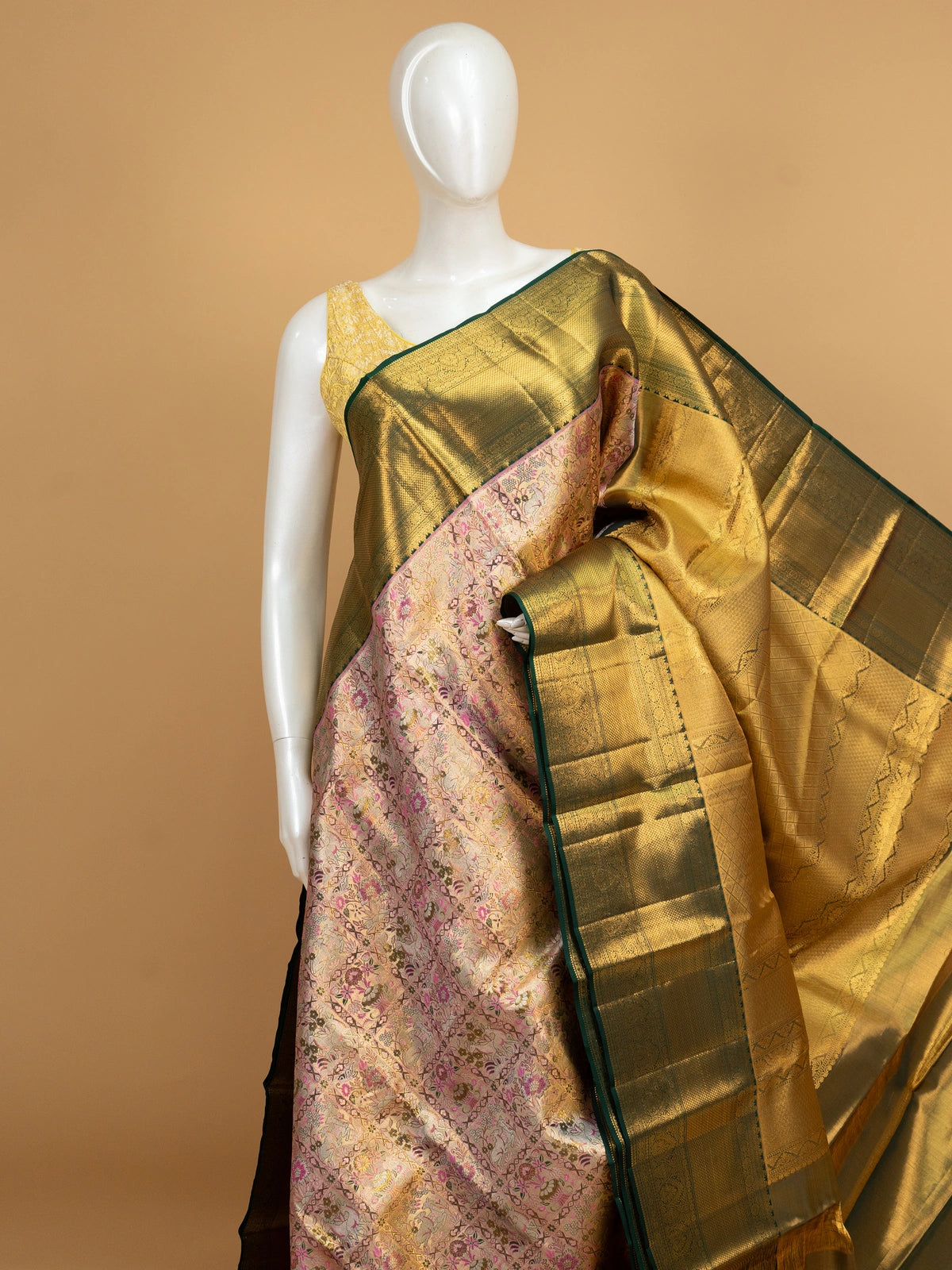 Pink and green Pure Kanchipuram silk saree with gold zari brocade motifs and contrast green border