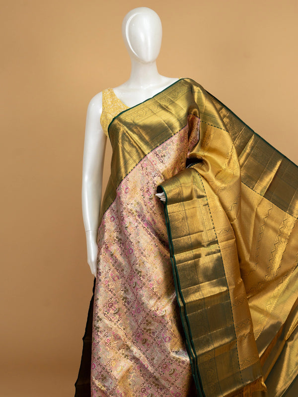 Pink and green Pure Kanchipuram silk saree with gold zari brocade motifs and contrast green border