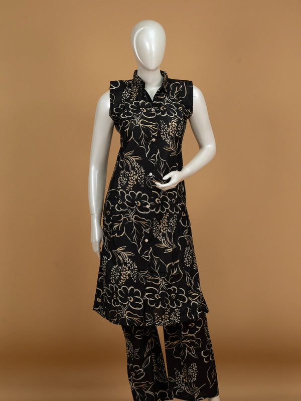 Black and gold floral printed sleeveless cotton co-ord kurti set with matching palazzo pants