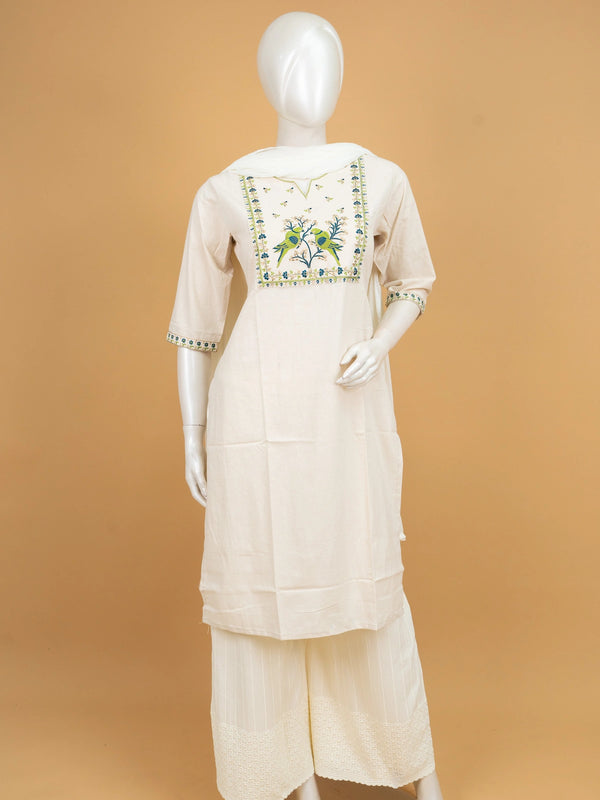 Off-White Cotton Bird Embroidered Anarkali Kurti Top with green and blue parrot motif yoke