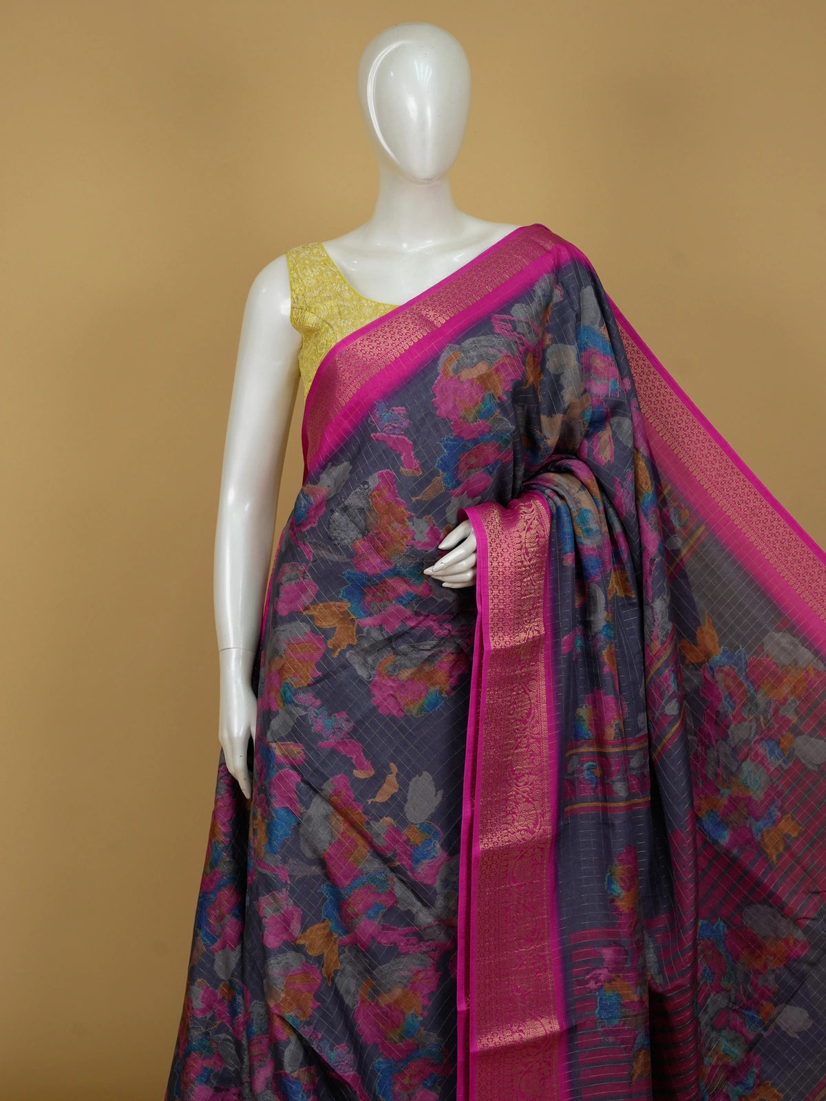 Grey-blue floral Dola silk saree with magenta pink gold zari border and contrast yellow blouse