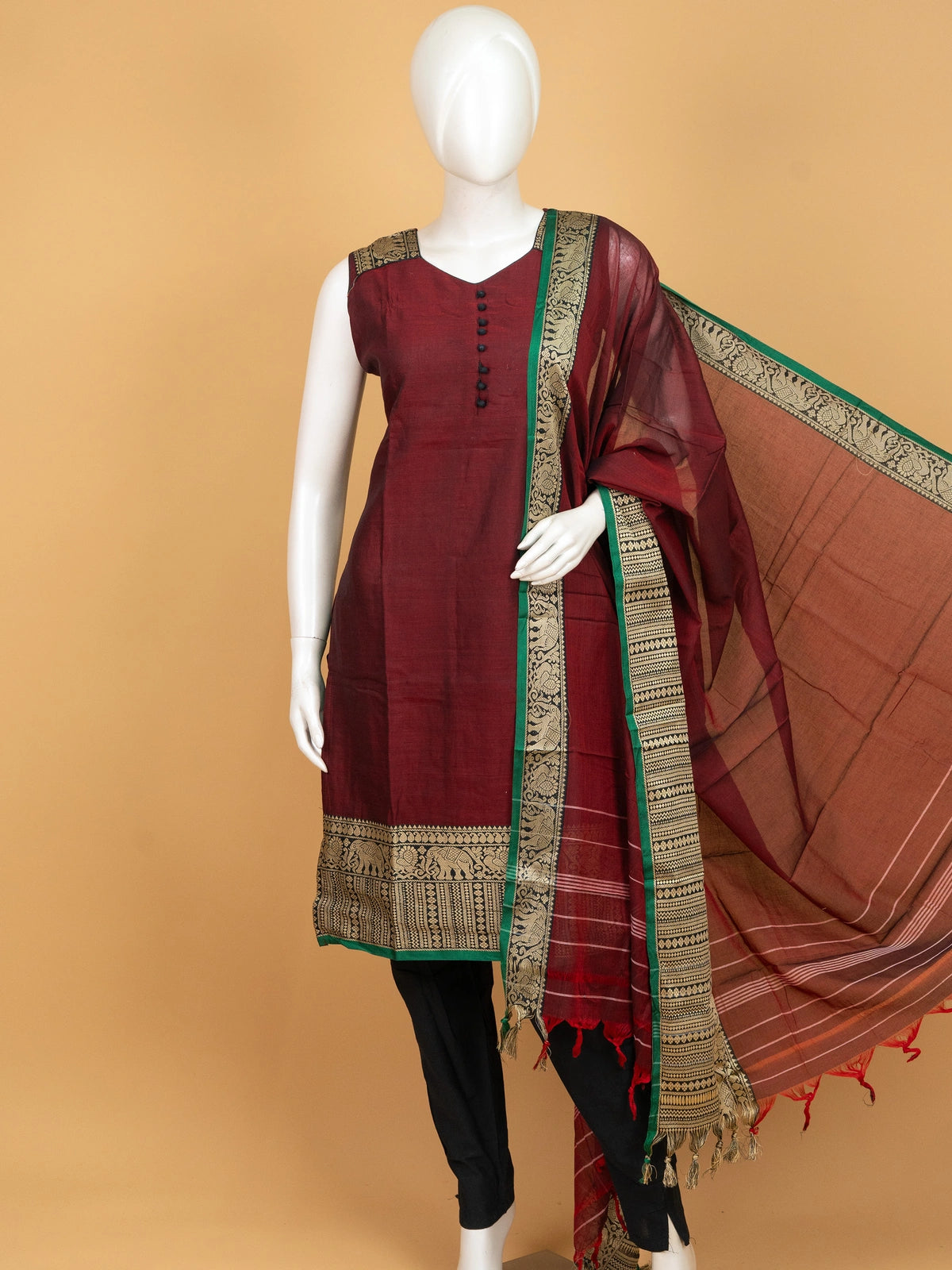 Maroon cotton silk straight cut kurti set with gold zari elephant border and dupatta