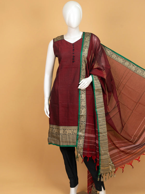 Maroon cotton silk straight cut kurti set with gold zari elephant border and dupatta