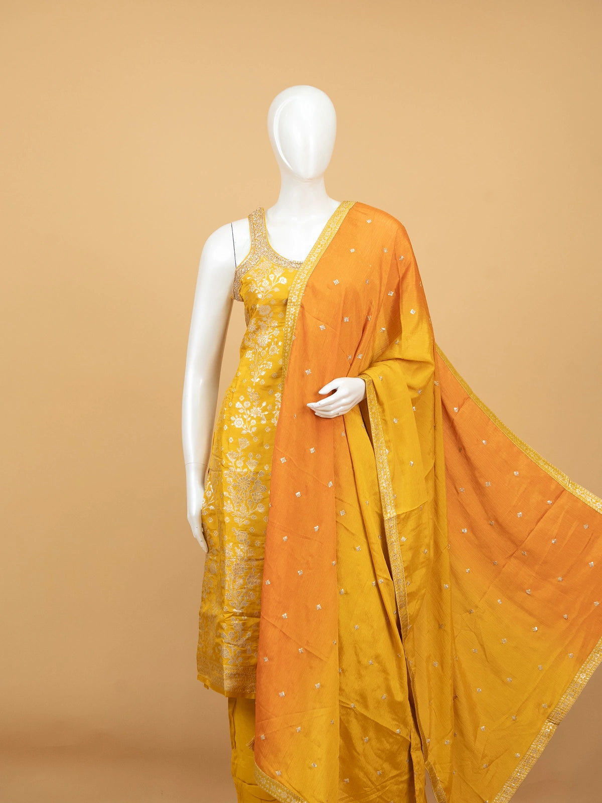 Mustard Yellow zari floral woven silk straight cut kurti set with orange dupatta