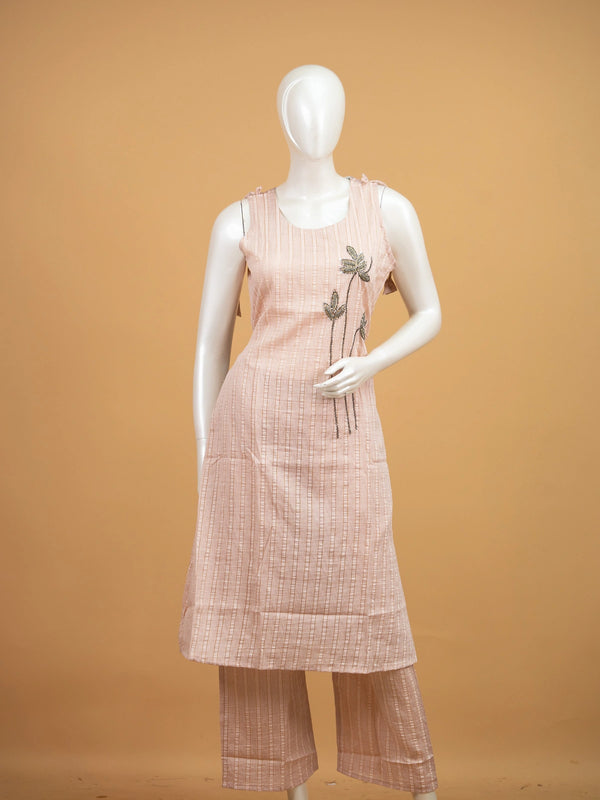 Peach striped cotton straight cut kurti set with floral bead embroidery, palazzo pants, and cream dupatta